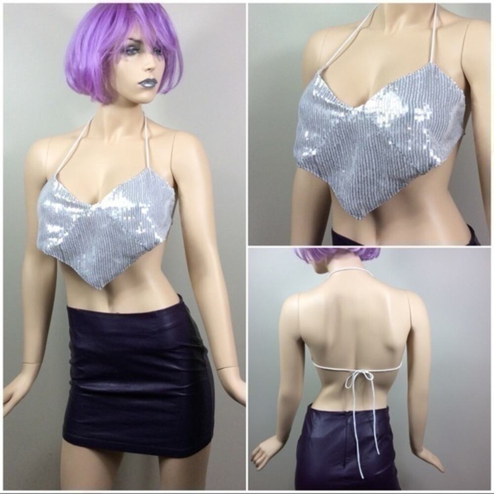 NWOT PLT sequin halter top. Silver   Open back. Size 10 medium